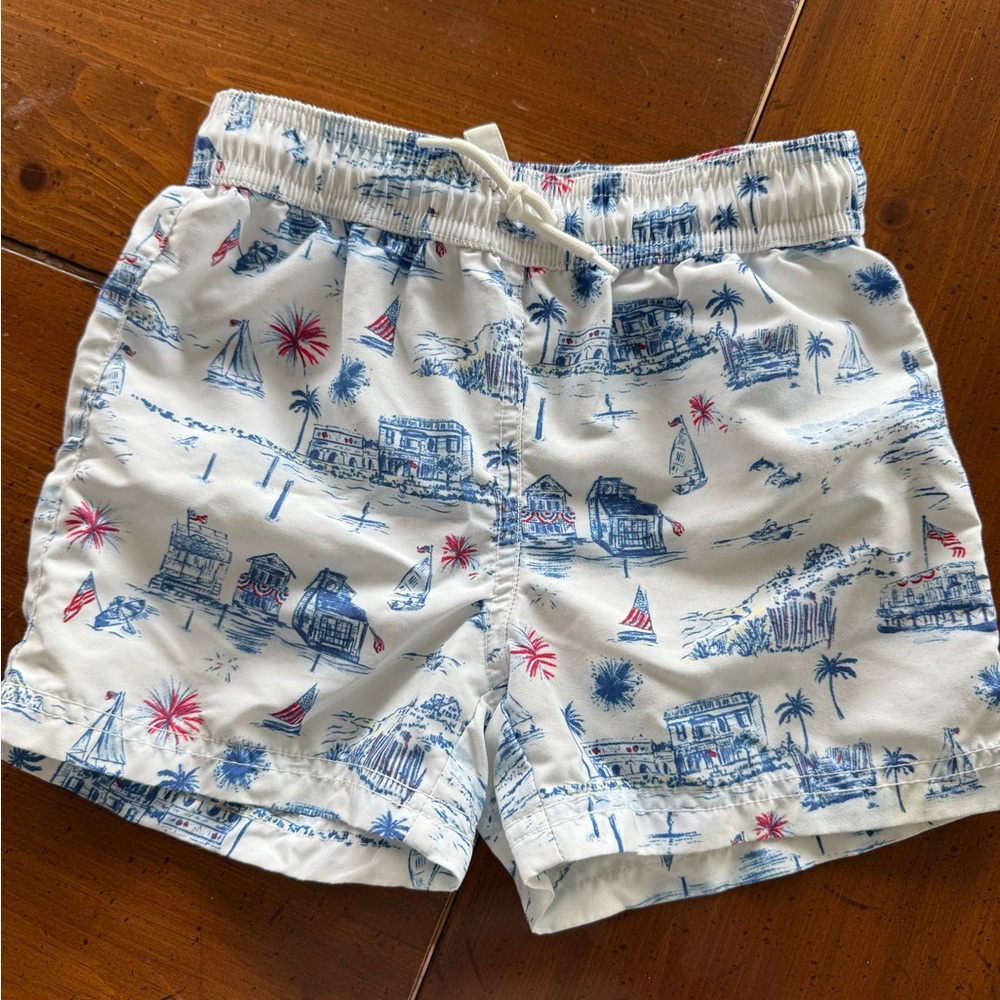 Janie and Jack White Swim Trunks with Blue and Red Beach Print